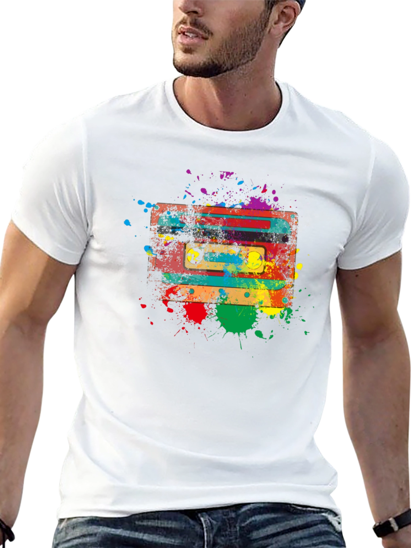 Retro Cassette Tape Splatter Graphic T-Shirt - Unisex