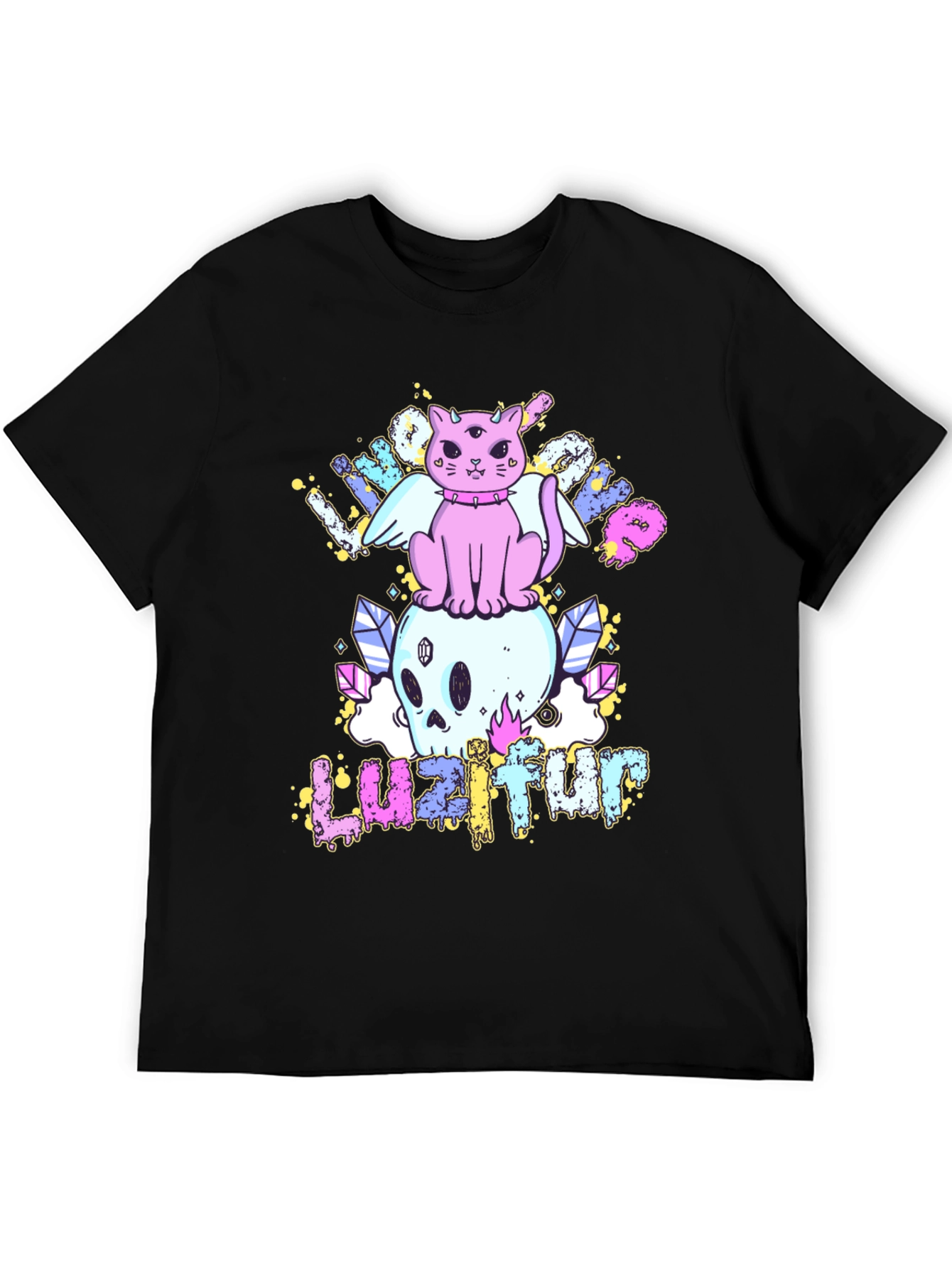 Cute Cat Skull Graphic Tee - Black Cotton Shirt