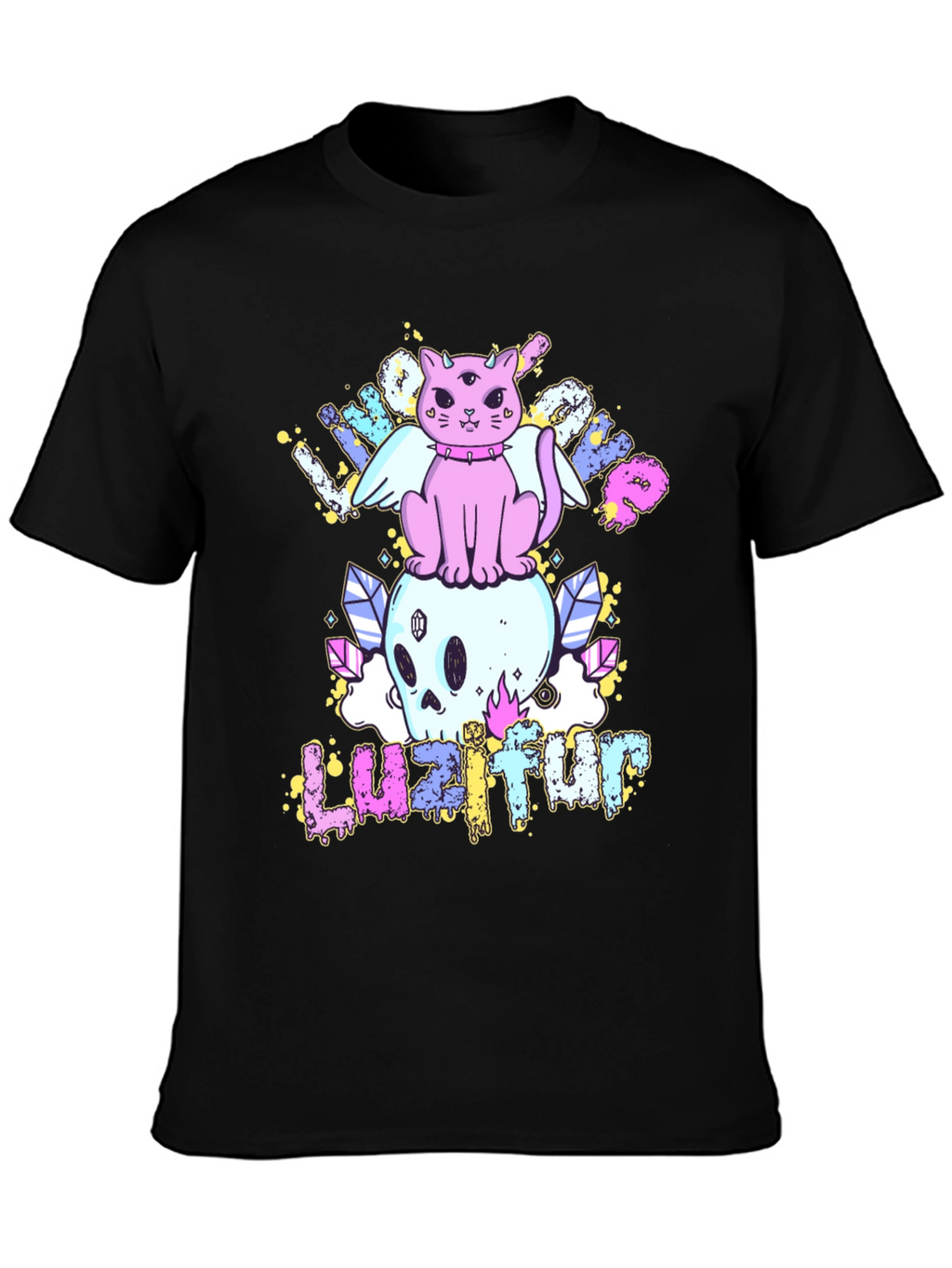 Cute Cat Skull Graphic Tee - Black Cotton Shirt