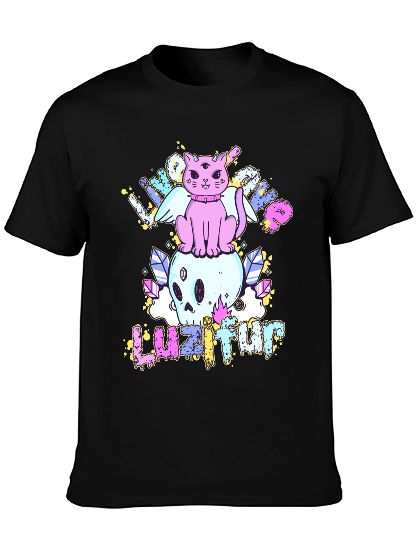 Cute Cat Skull Graphic Tee - Black Cotton Shirt