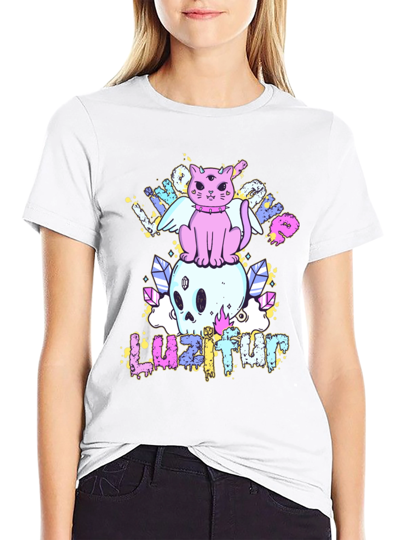 Cute Cat Skull Graphic Tee - Black Cotton Shirt