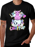 Cute Cat Skull Graphic Tee - Black Cotton Shirt