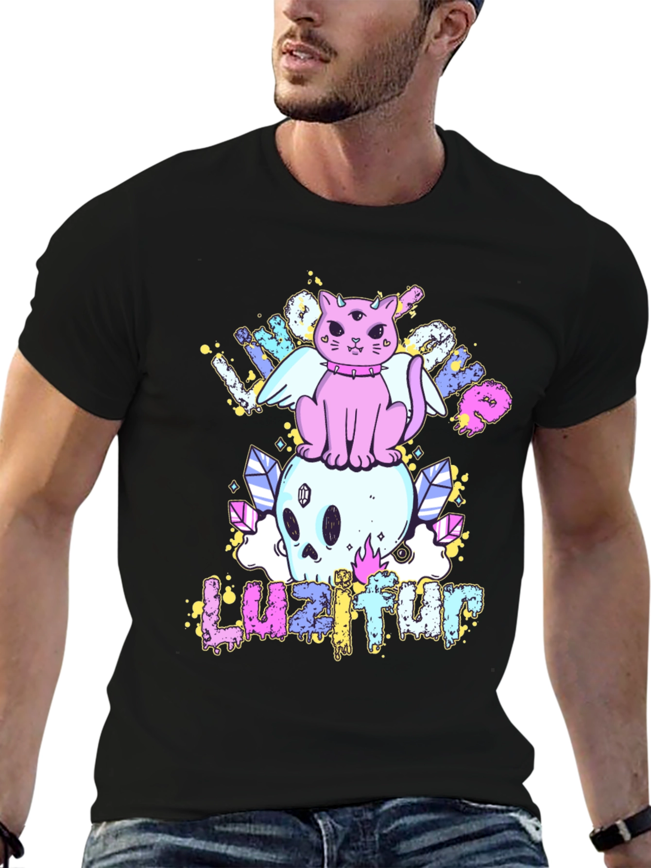 Cute Cat Skull Graphic Tee - Black Cotton Shirt