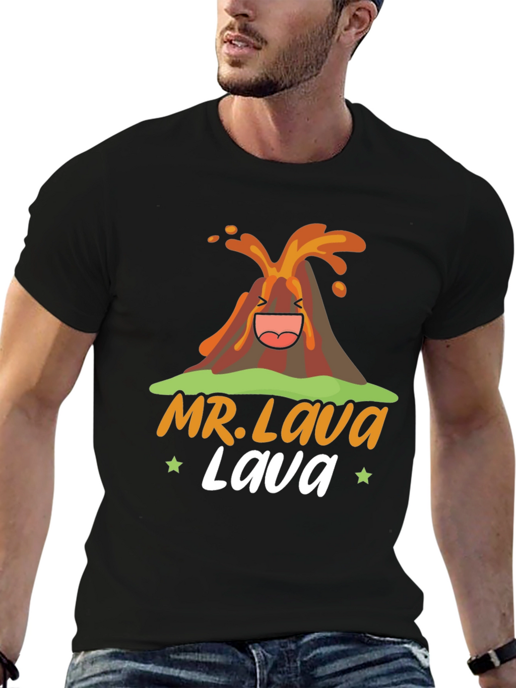 Mr. Lava Volcano Cartoon Graphic Print Black Tee