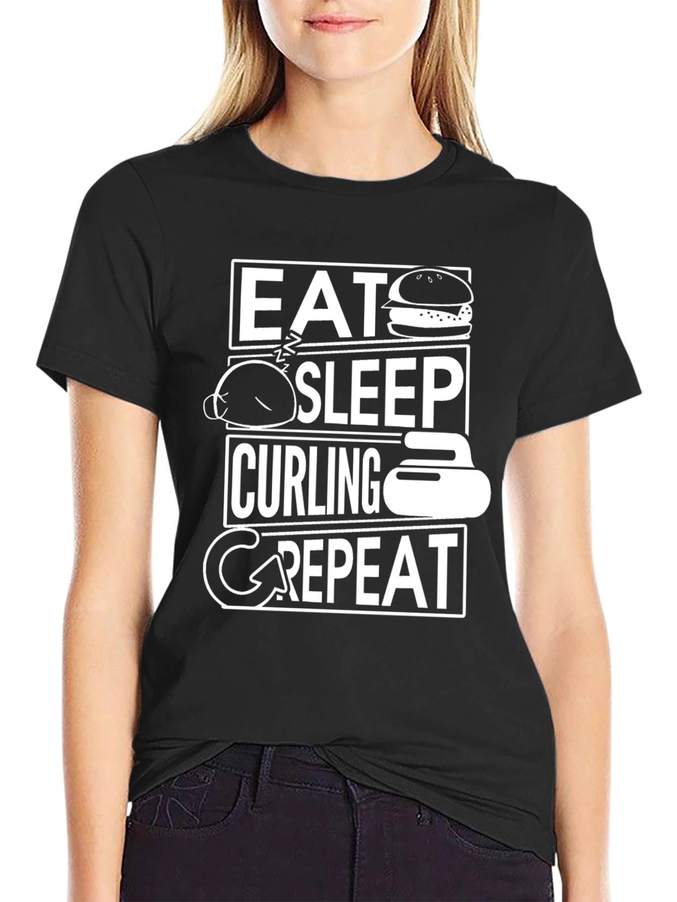 Eat Sleep Curling Repeat Black Graphic Tee