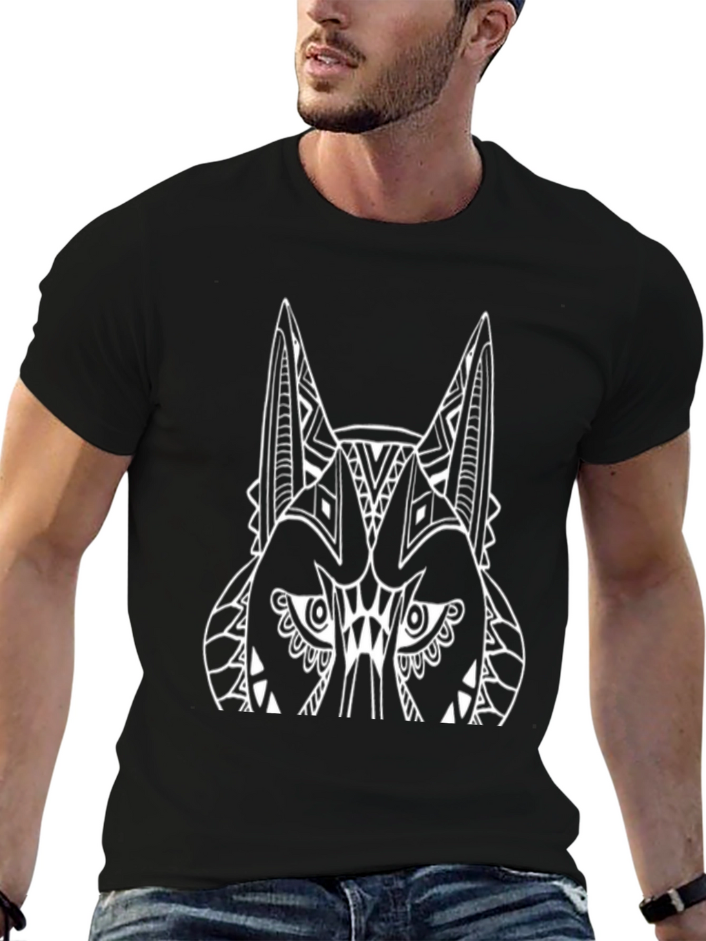 Tribal Wolf Graphic Tee - Black Cotton T-Shirt