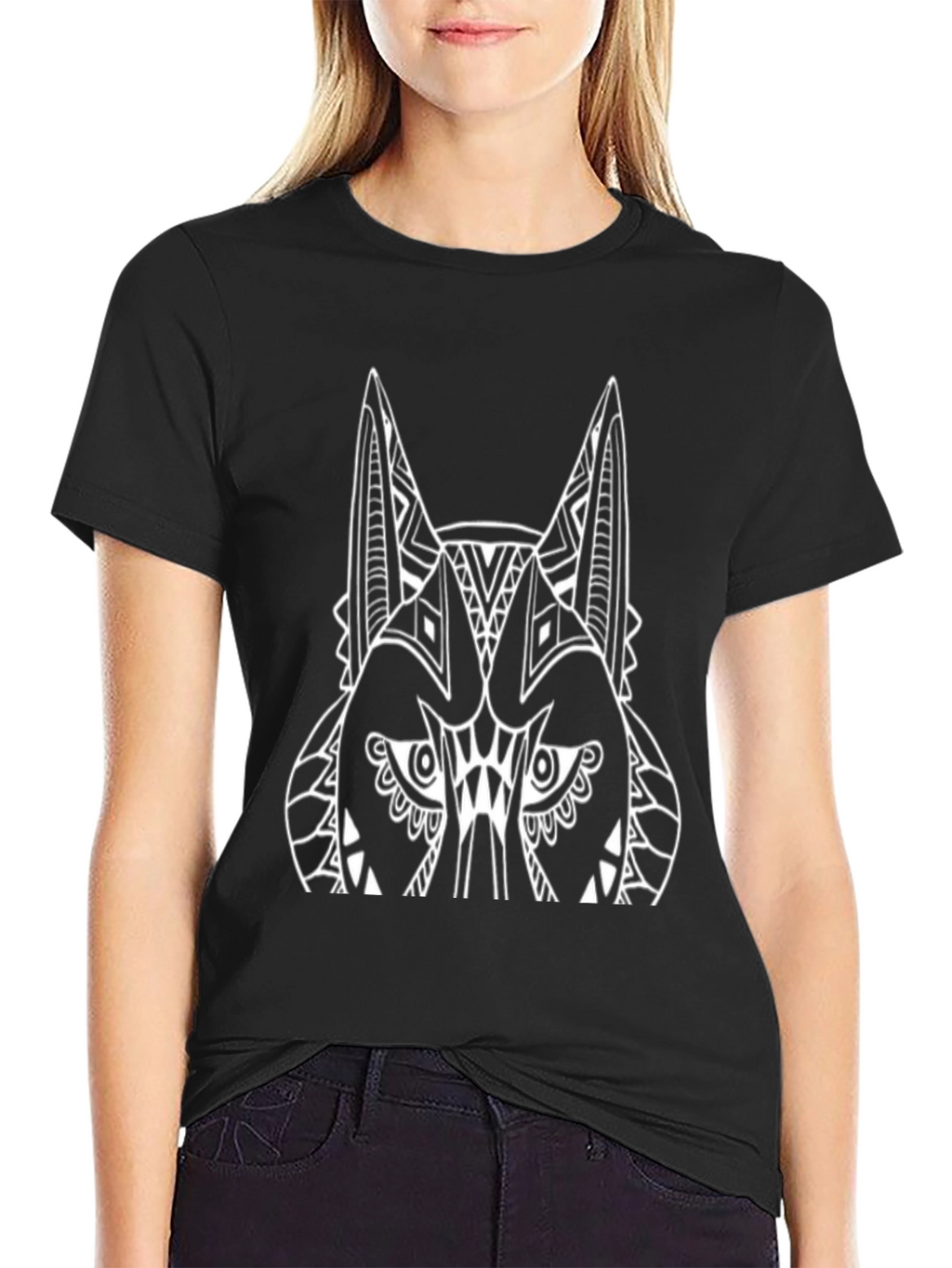 Tribal Wolf Graphic Tee - Black Cotton T-Shirt