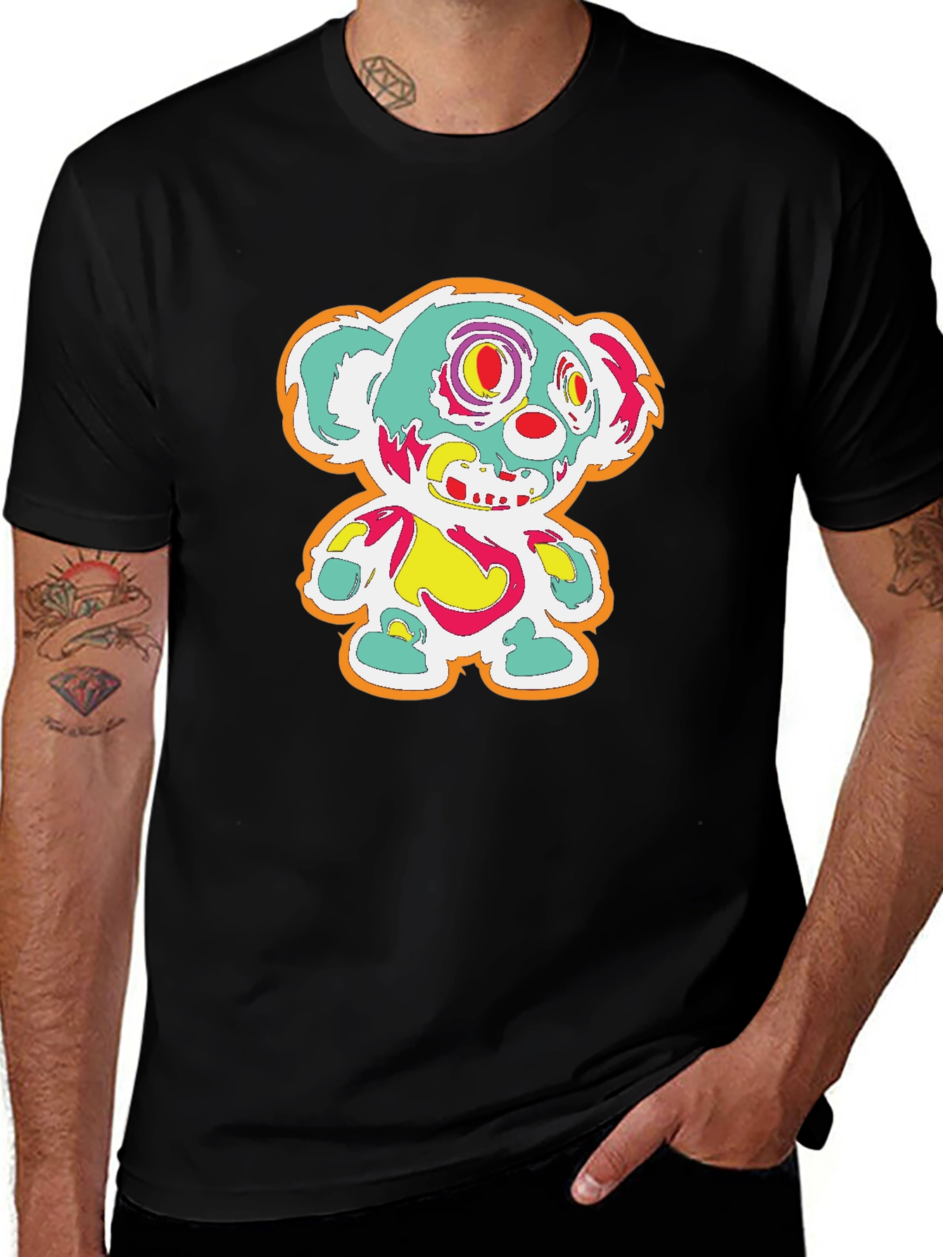 Creepy Colorful Bear Graphic Tee - Mens Black T-Shirt