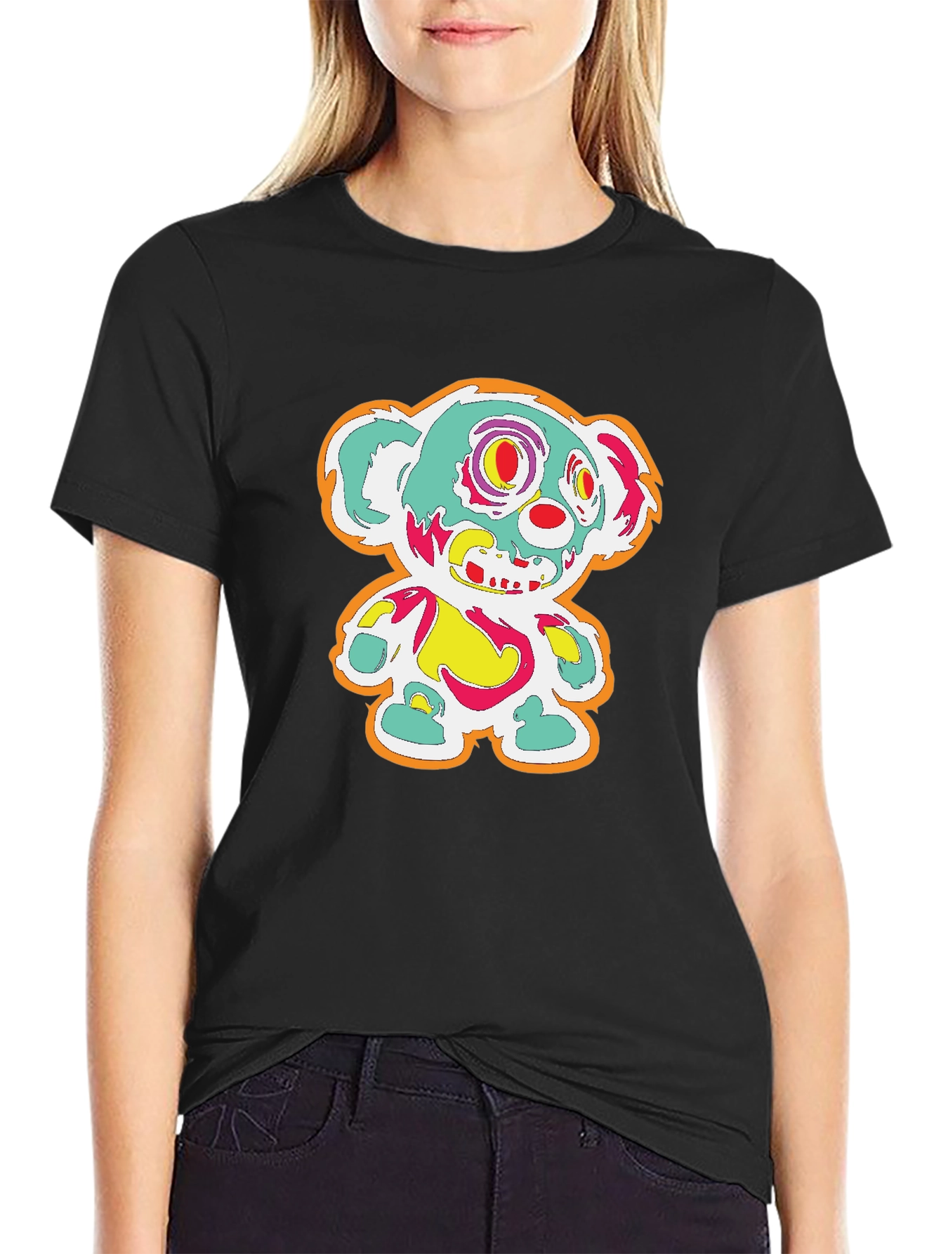 Creepy Colorful Bear Graphic Tee - Mens Black T-Shirt