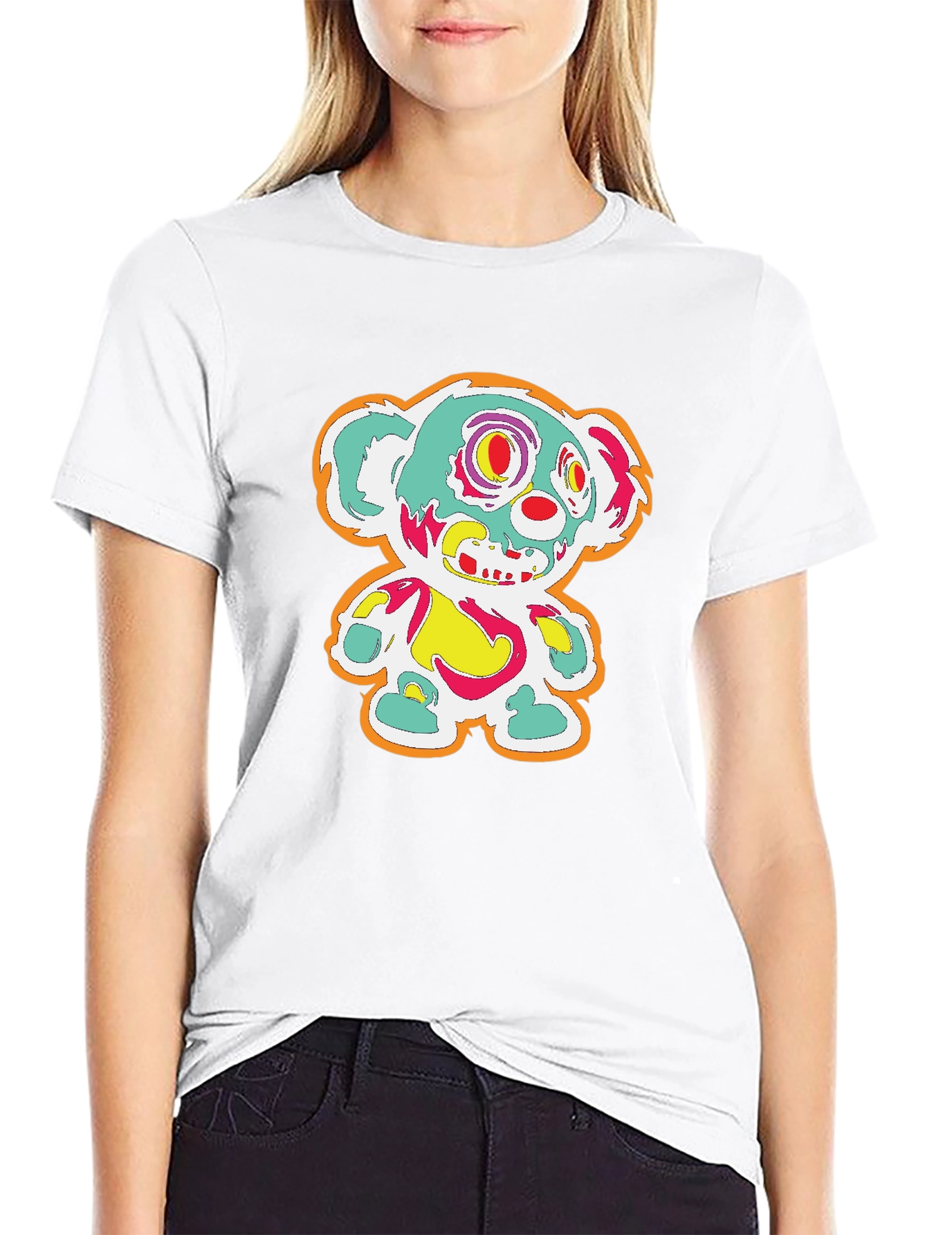 Creepy Colorful Bear Graphic Tee - Mens Black T-Shirt