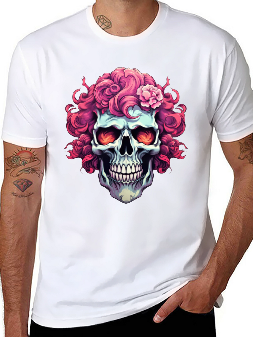 Skull with Pink Floral Hair T-Shirt