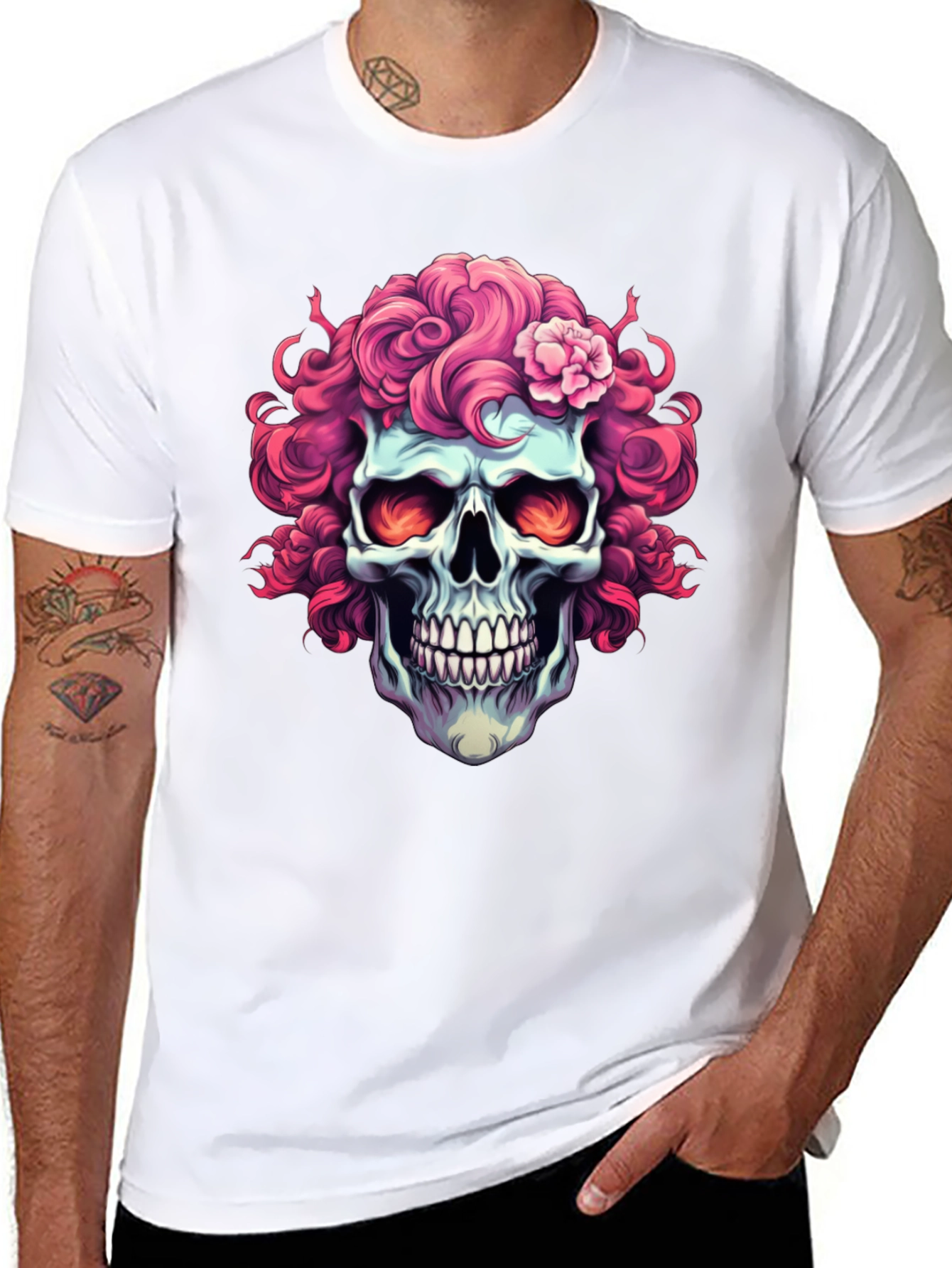 Skull with Pink Floral Hair T-Shirt