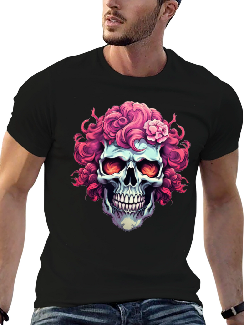 Skull with Pink Floral Hair T-Shirt