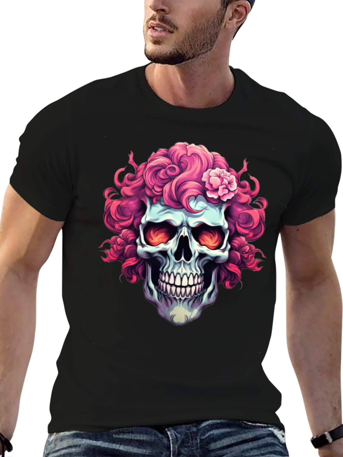 Skull with Pink Floral Hair T-Shirt