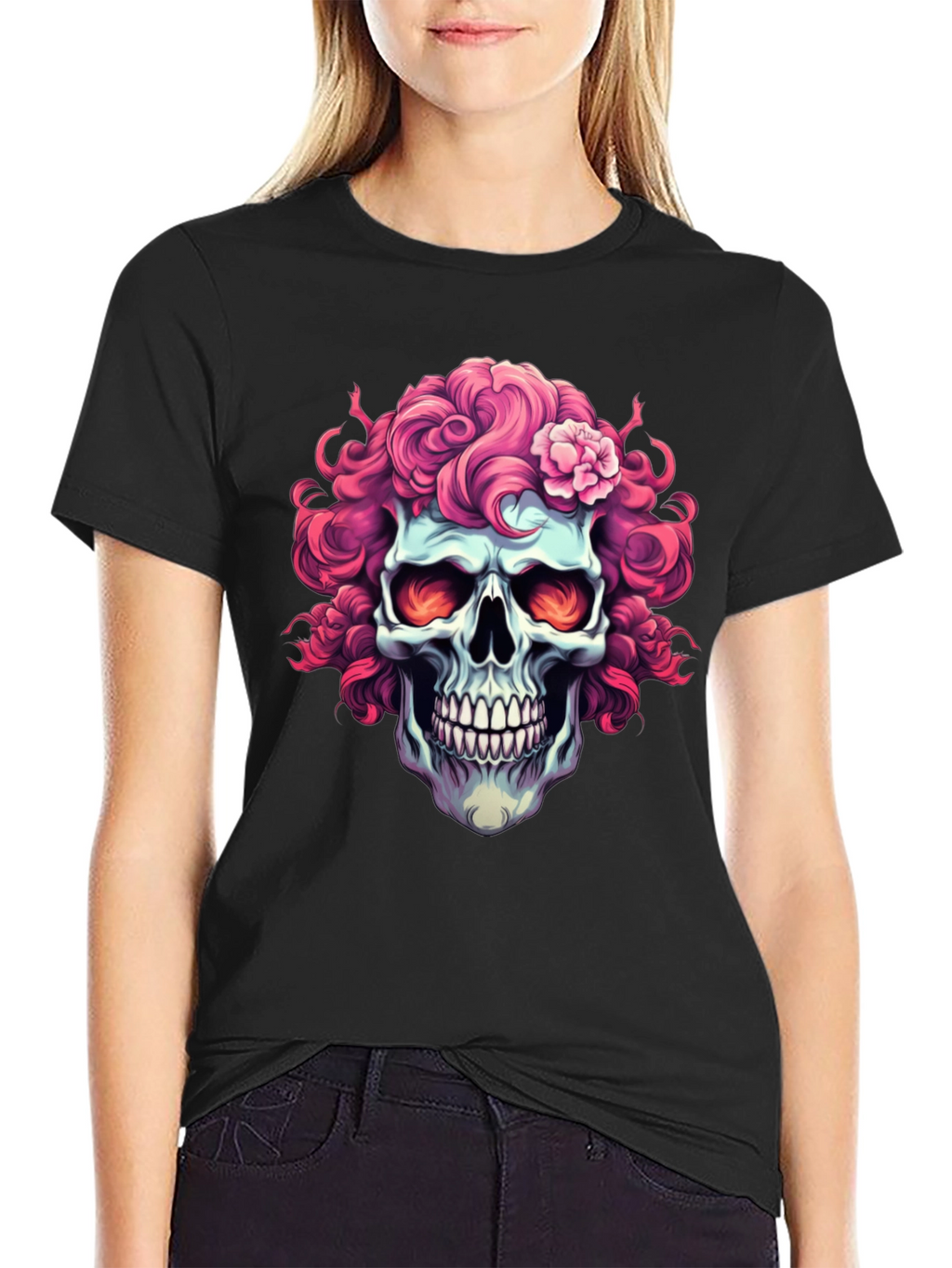 Skull with Pink Floral Hair T-Shirt