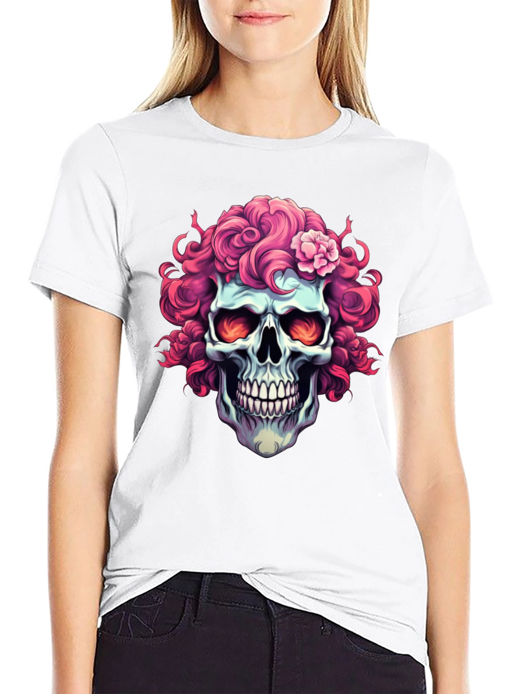 Skull with Pink Floral Hair T-Shirt