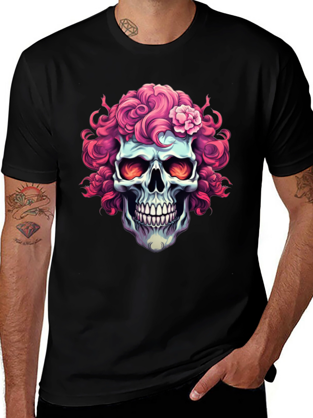 Skull with Pink Floral Hair T-Shirt