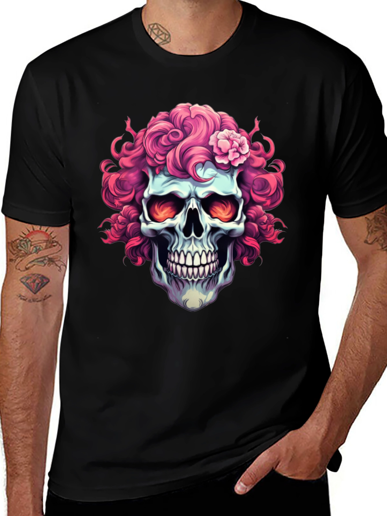 Skull with Pink Floral Hair T-Shirt