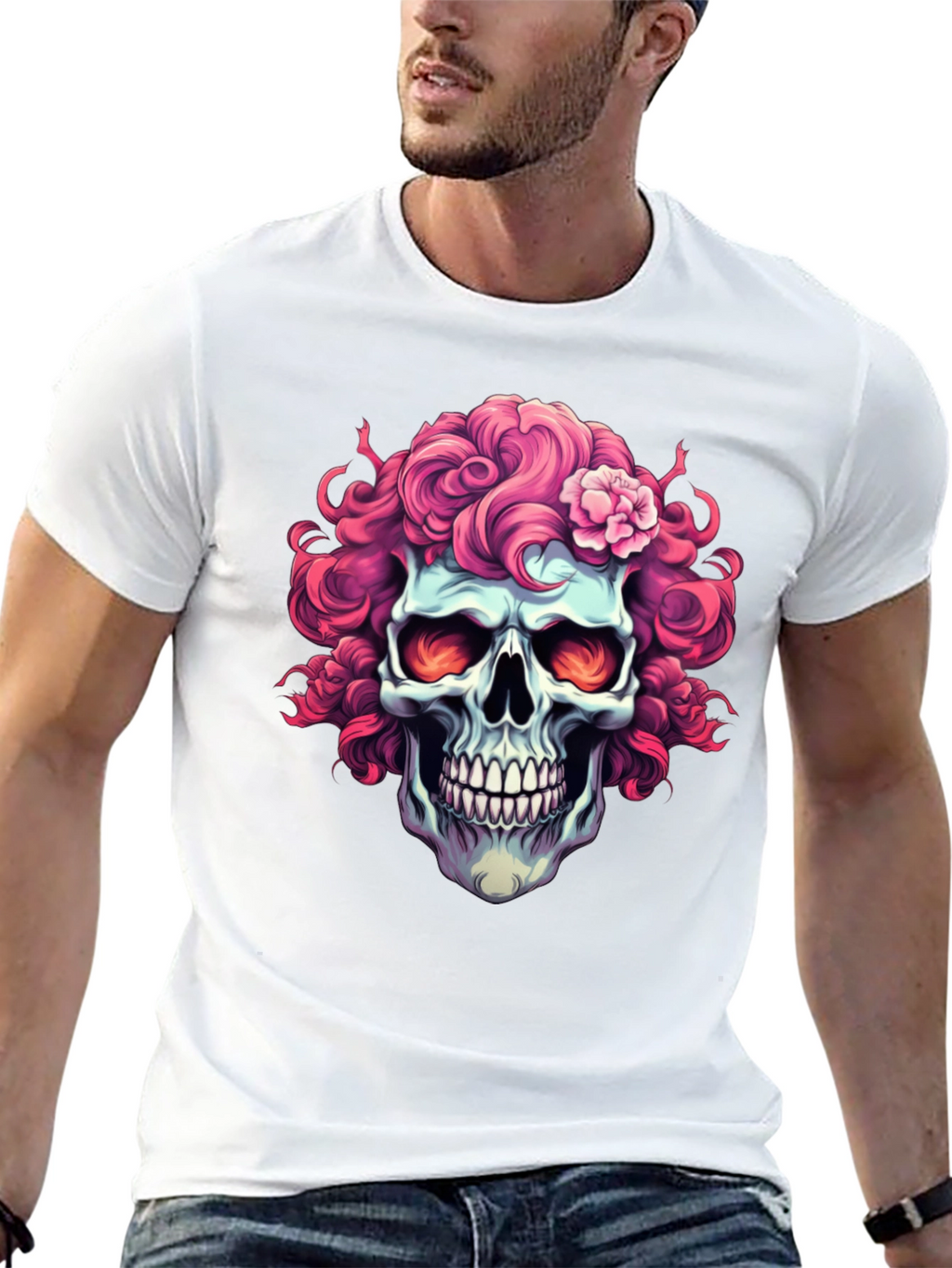 Skull with Pink Floral Hair T-Shirt
