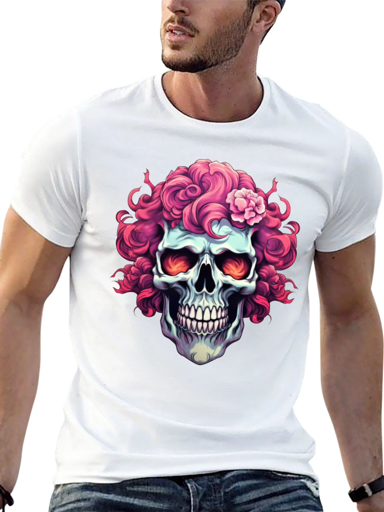 Skull with Pink Floral Hair T-Shirt
