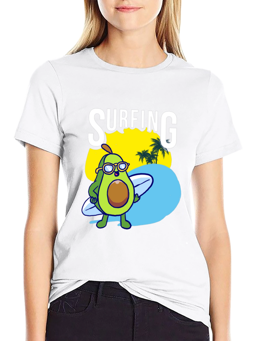 Surfing Avocado Graphic Tee - Black Cotton Shirt