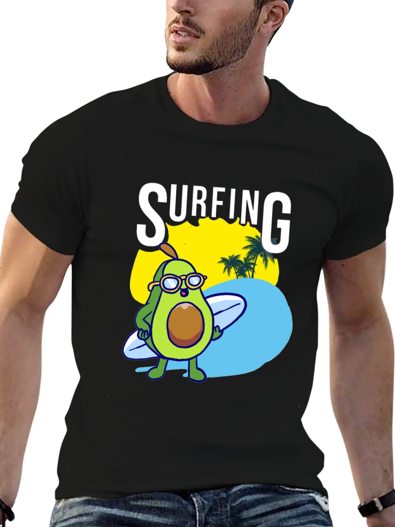 Surfing Avocado Graphic Tee - Black Cotton Shirt