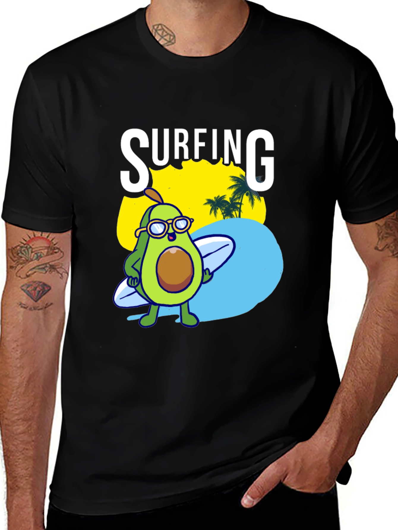 Surfing Avocado Graphic Tee - Black Cotton Shirt