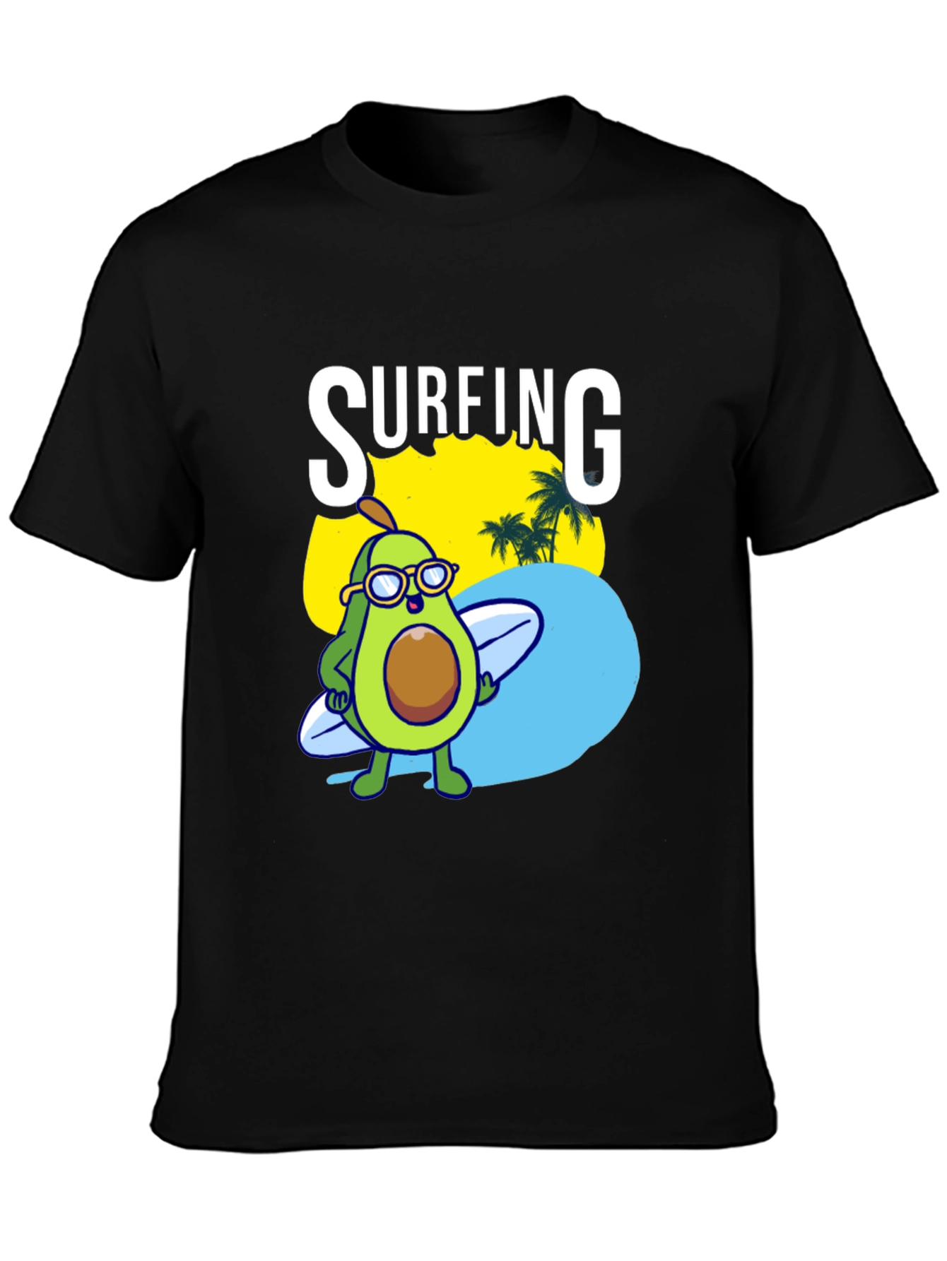 Surfing Avocado Graphic Tee - Black Cotton Shirt