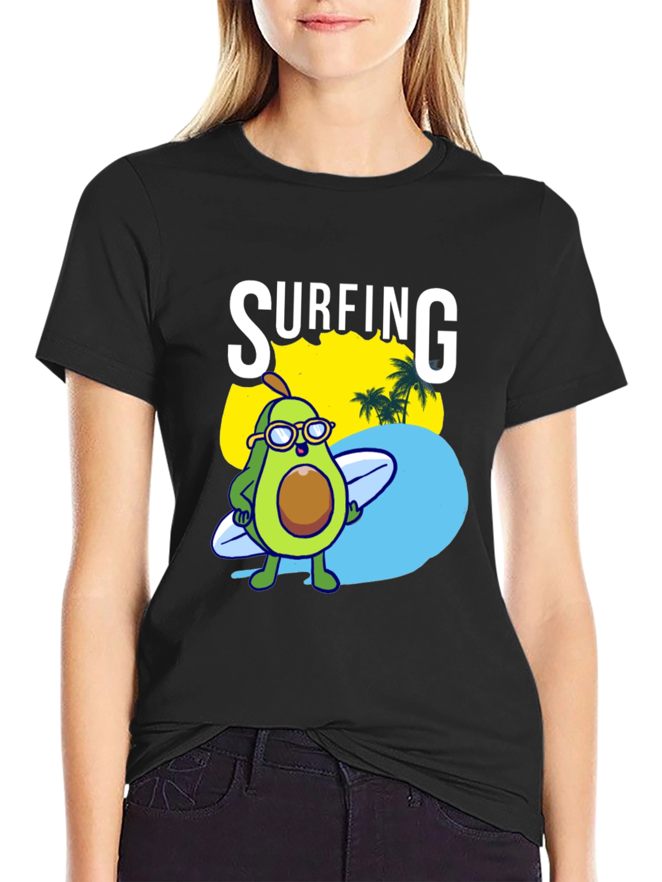 Surfing Avocado Graphic Tee - Black Cotton Shirt