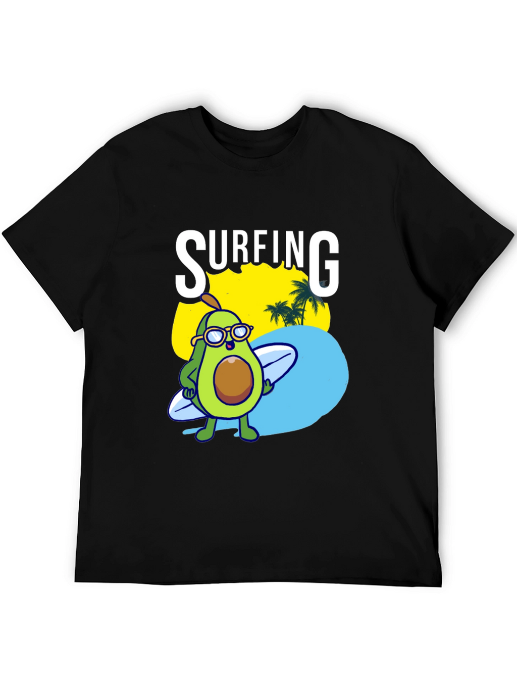 Surfing Avocado Graphic Tee - Black Cotton Shirt