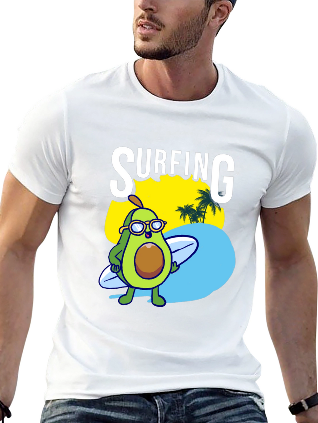 Surfing Avocado Graphic Tee - Black Cotton Shirt