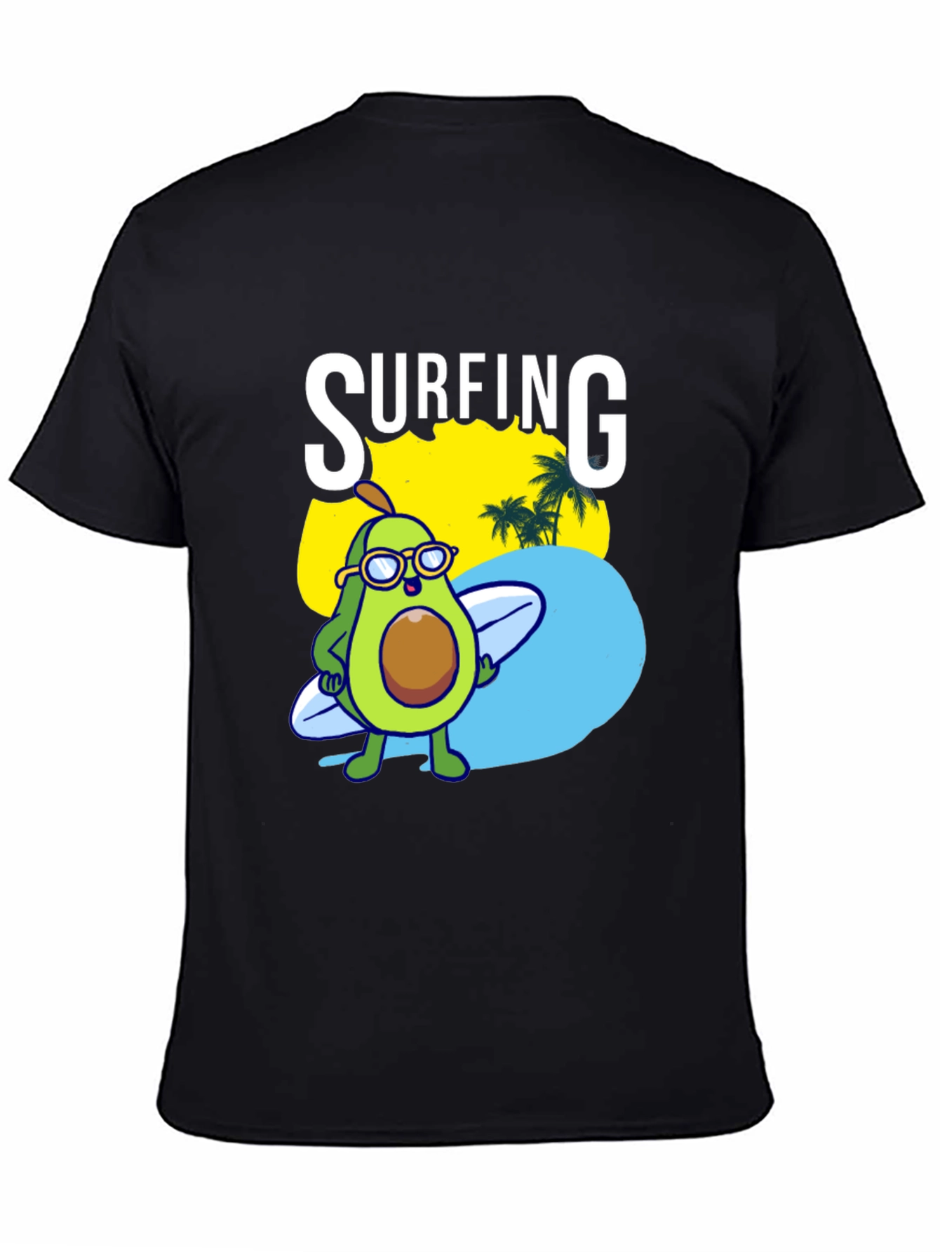 Surfing Avocado Graphic Tee - Black Cotton Shirt