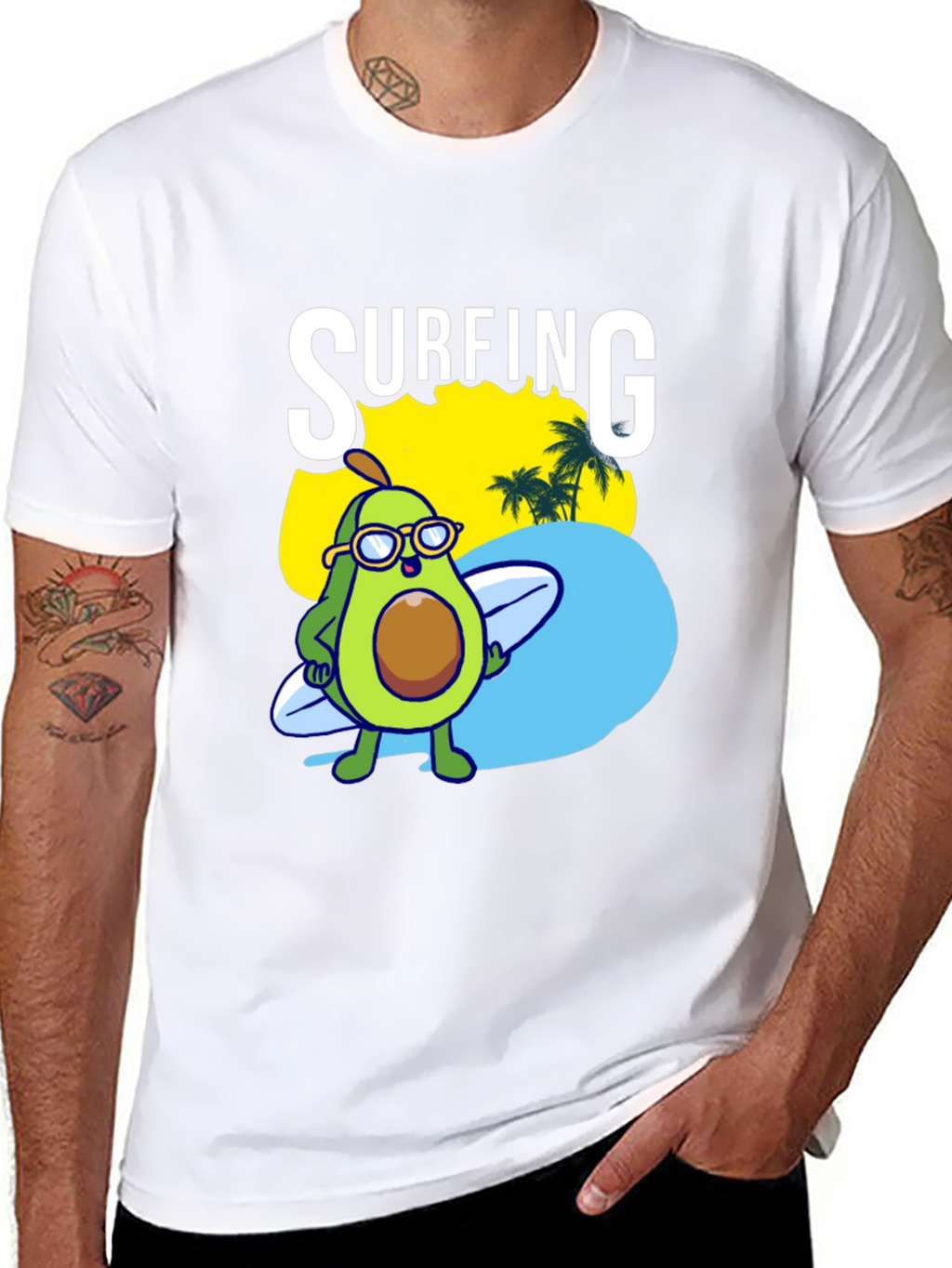 Surfing Avocado Graphic Tee - Black Cotton Shirt