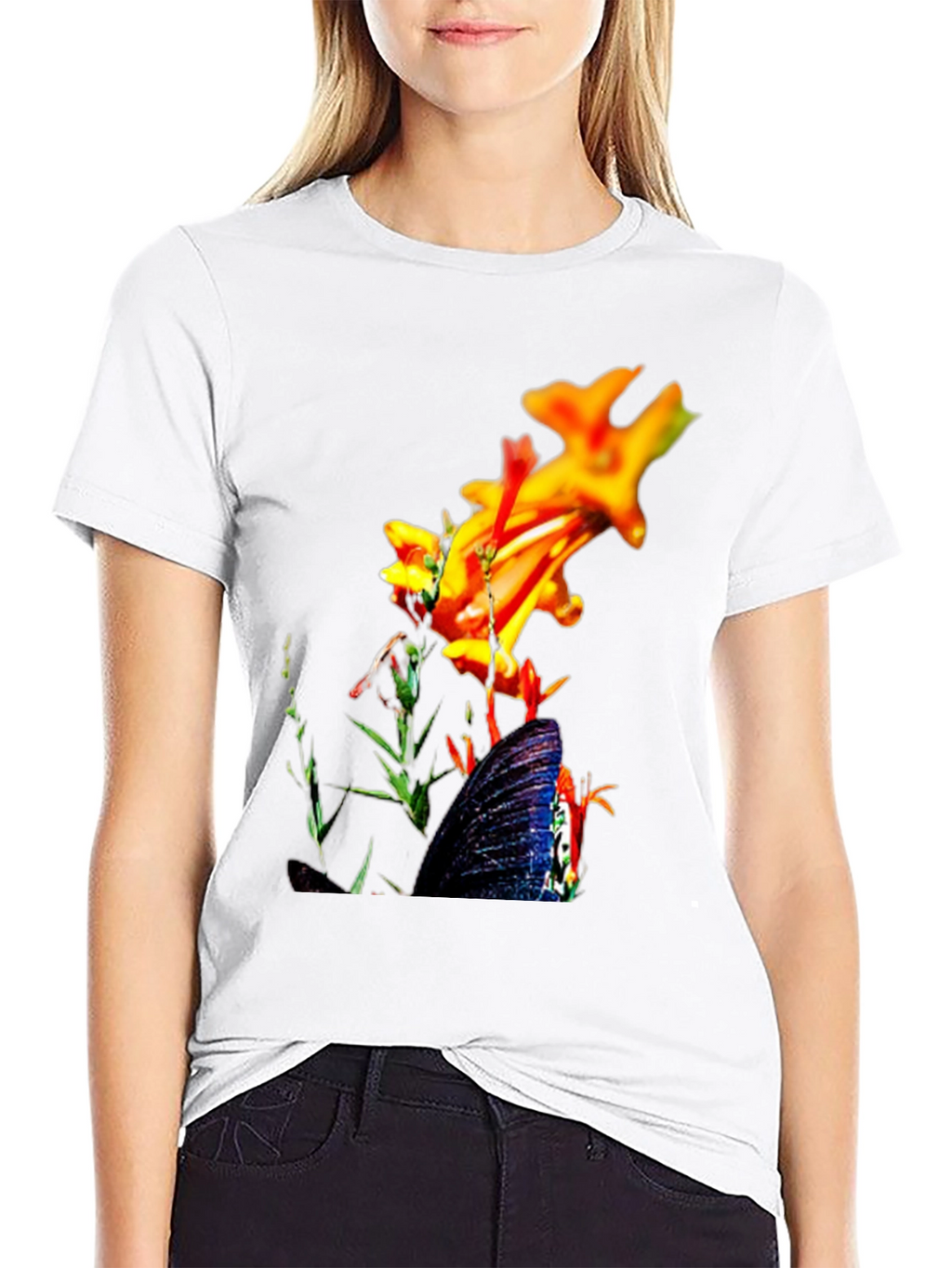 Floral Butterfly Graphic Black T-Shirt