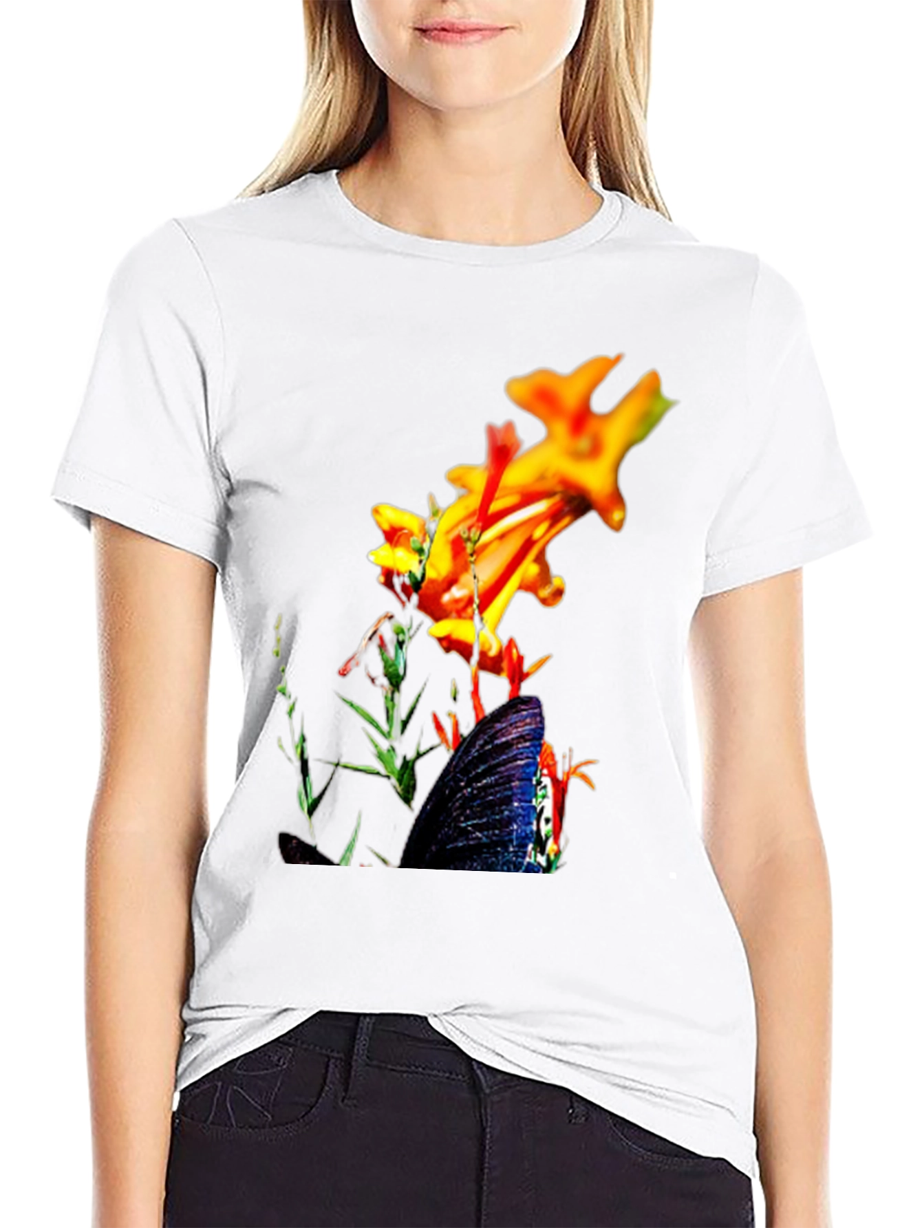 Floral Butterfly Graphic Black T-Shirt