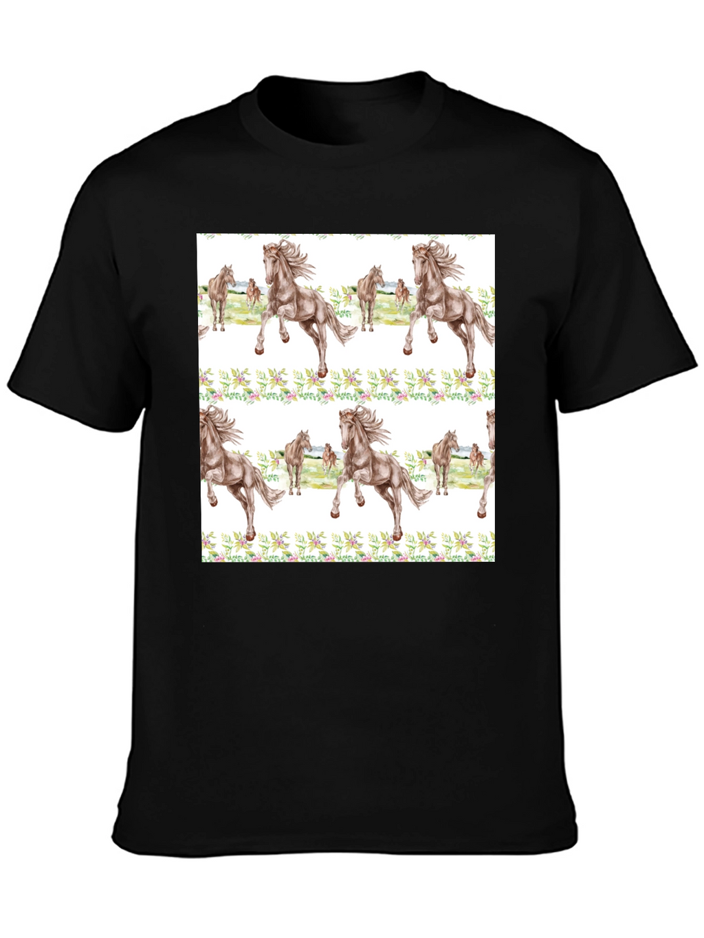 Horse Floral Print Black T-Shirt
