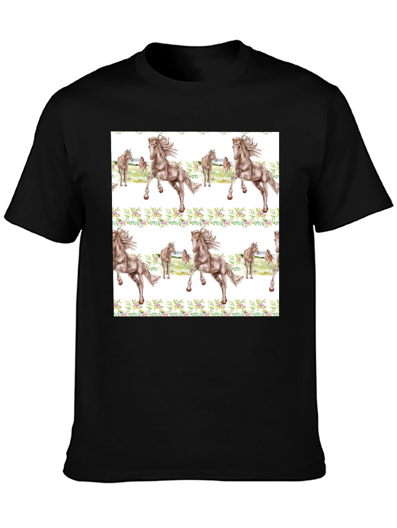 Horse Floral Print Black T-Shirt