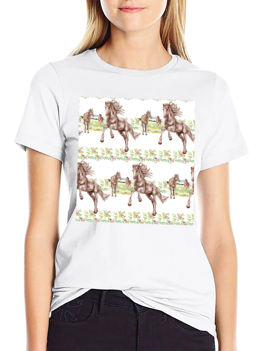 Horse Floral Print Black T-Shirt