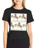 Horse Floral Print Black T-Shirt