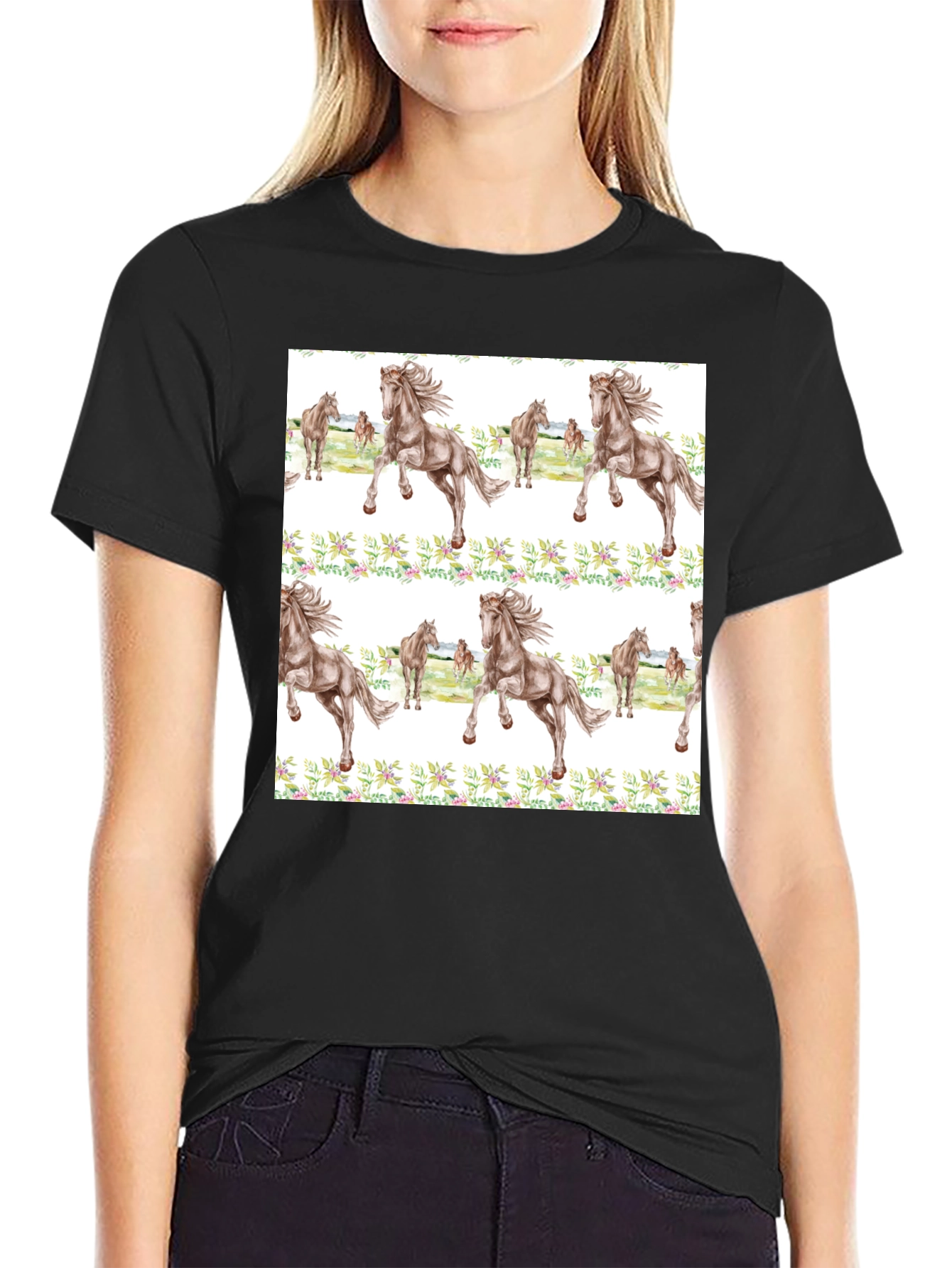 Horse Floral Print Black T-Shirt