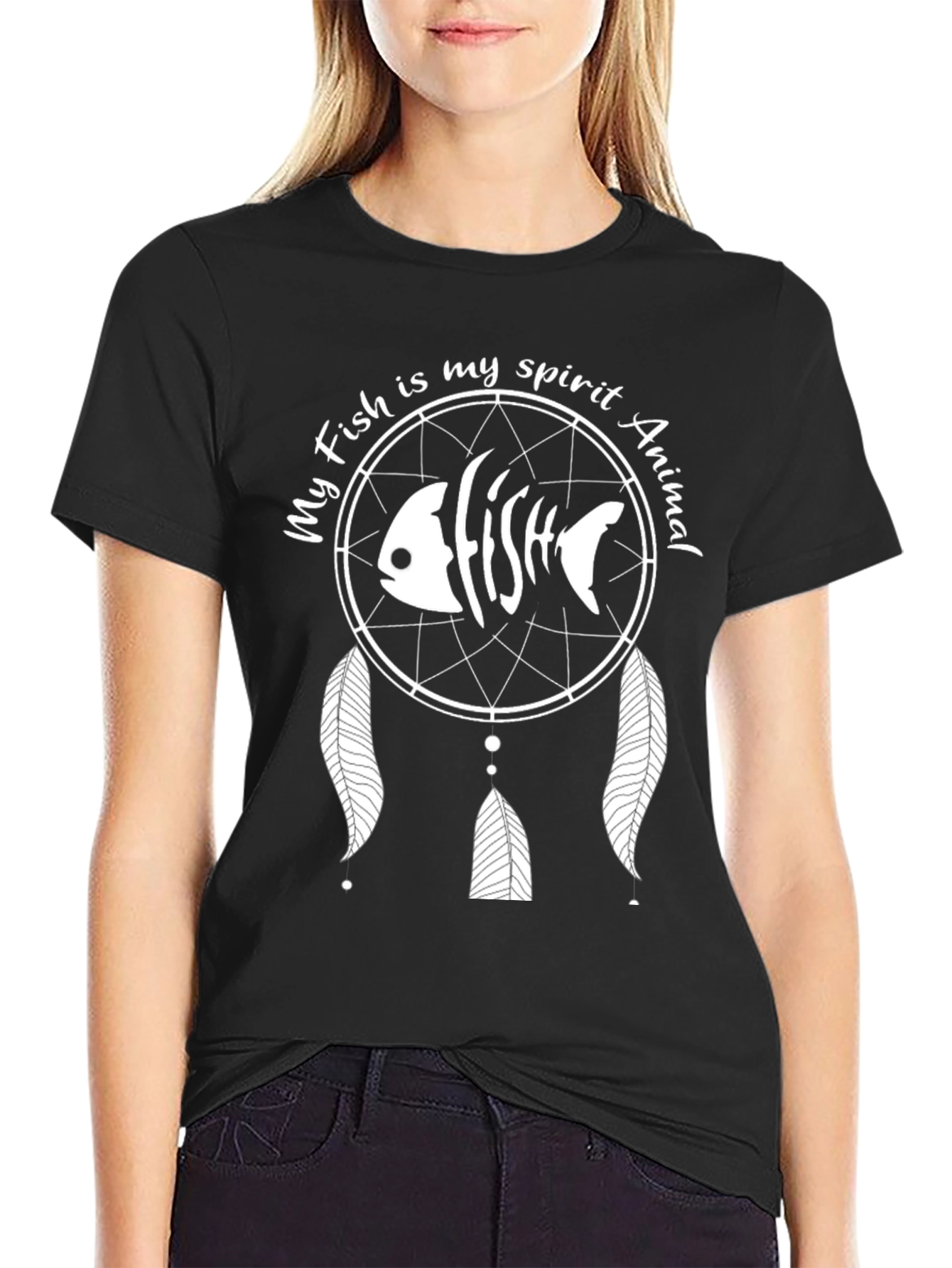 Fish Spirit Animal Graphic Tee - Black Cotton