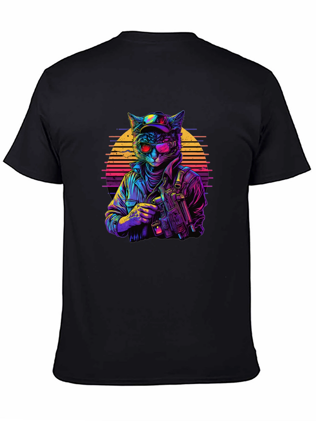 Retro Cat Gunner Black T-Shirt