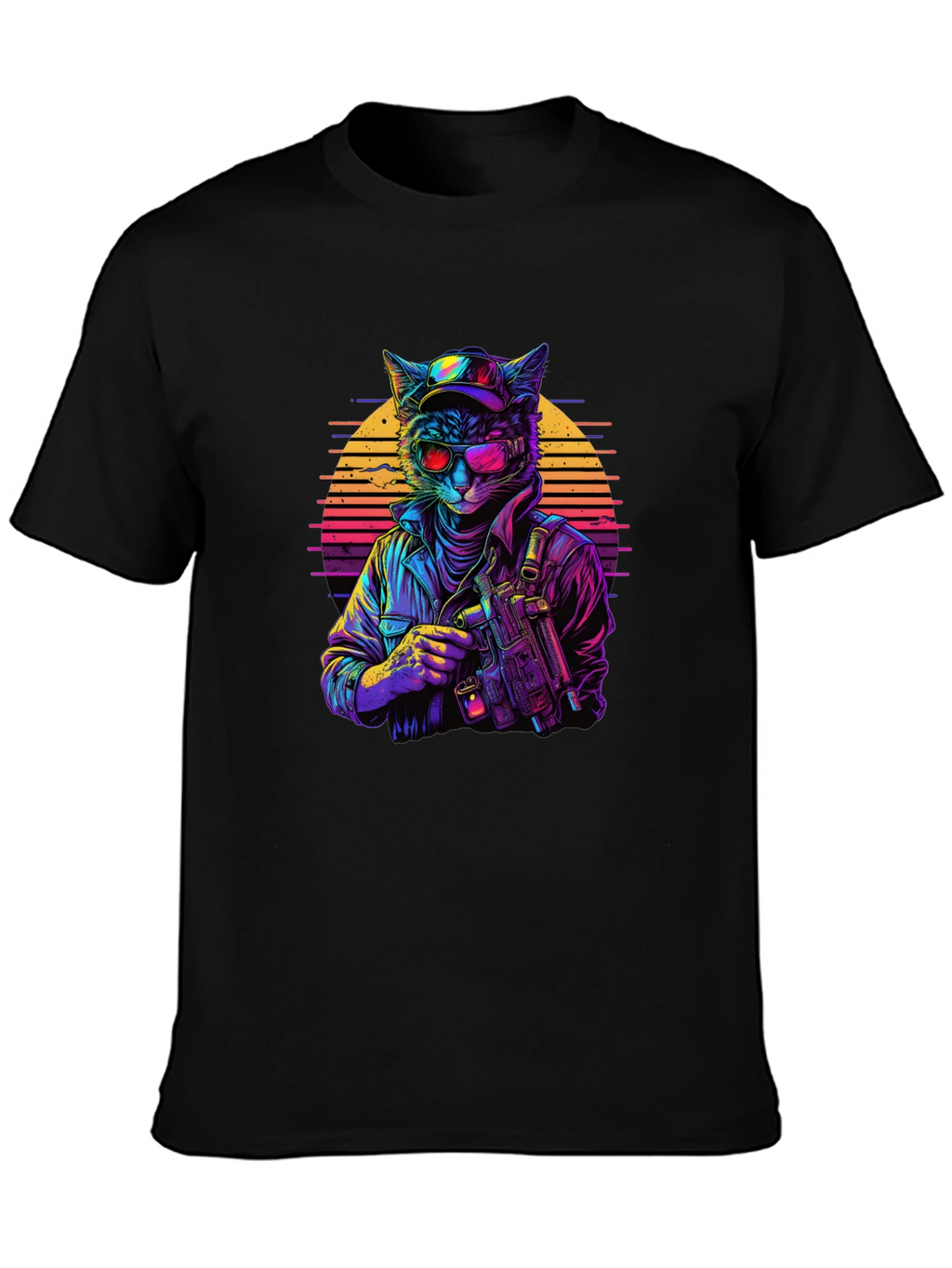 Retro Cat Gunner Black T-Shirt
