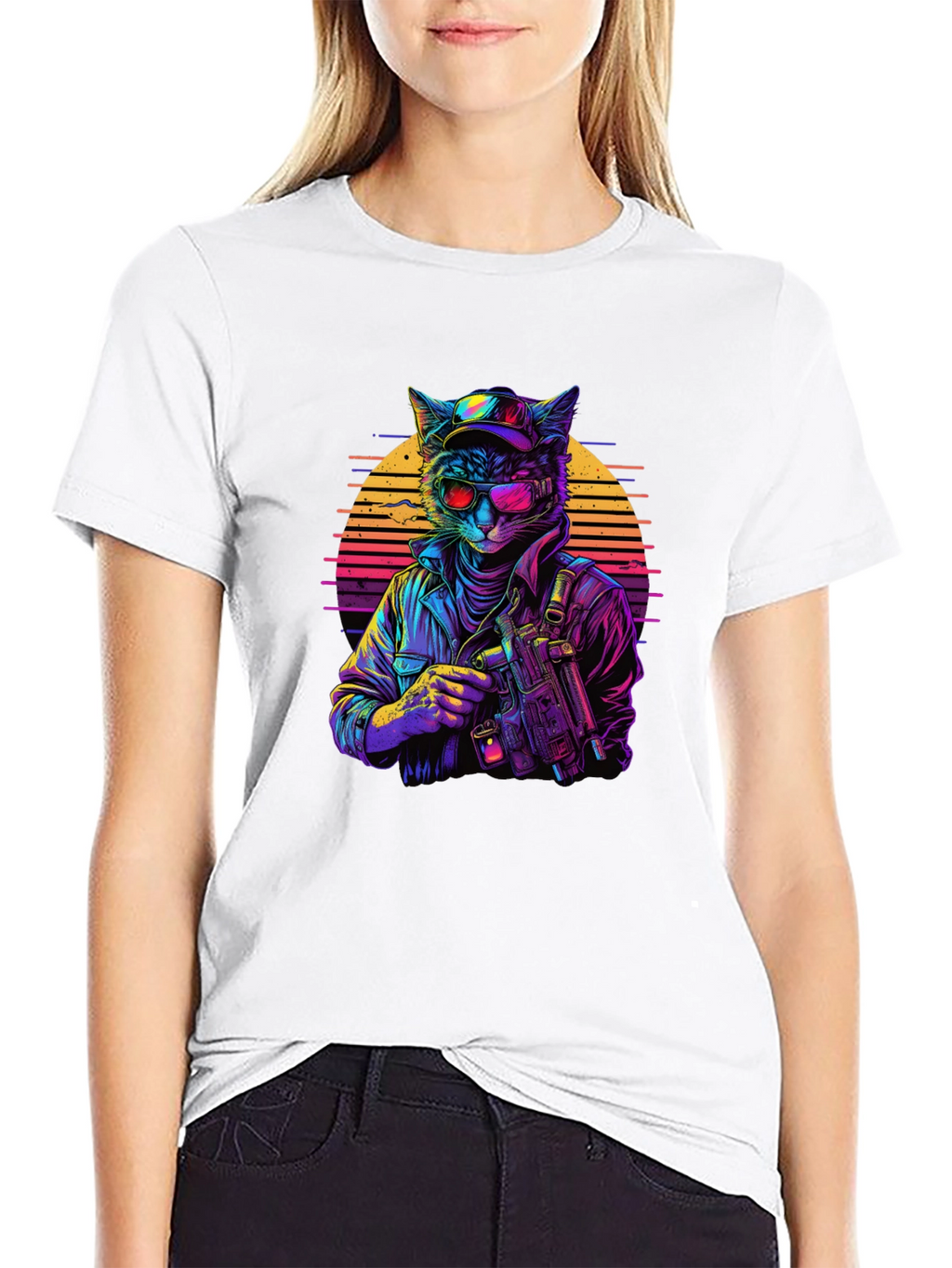 Retro Cat Gunner Black T-Shirt