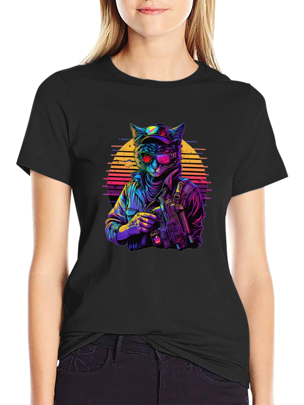 Retro Cat Gunner Black T-Shirt