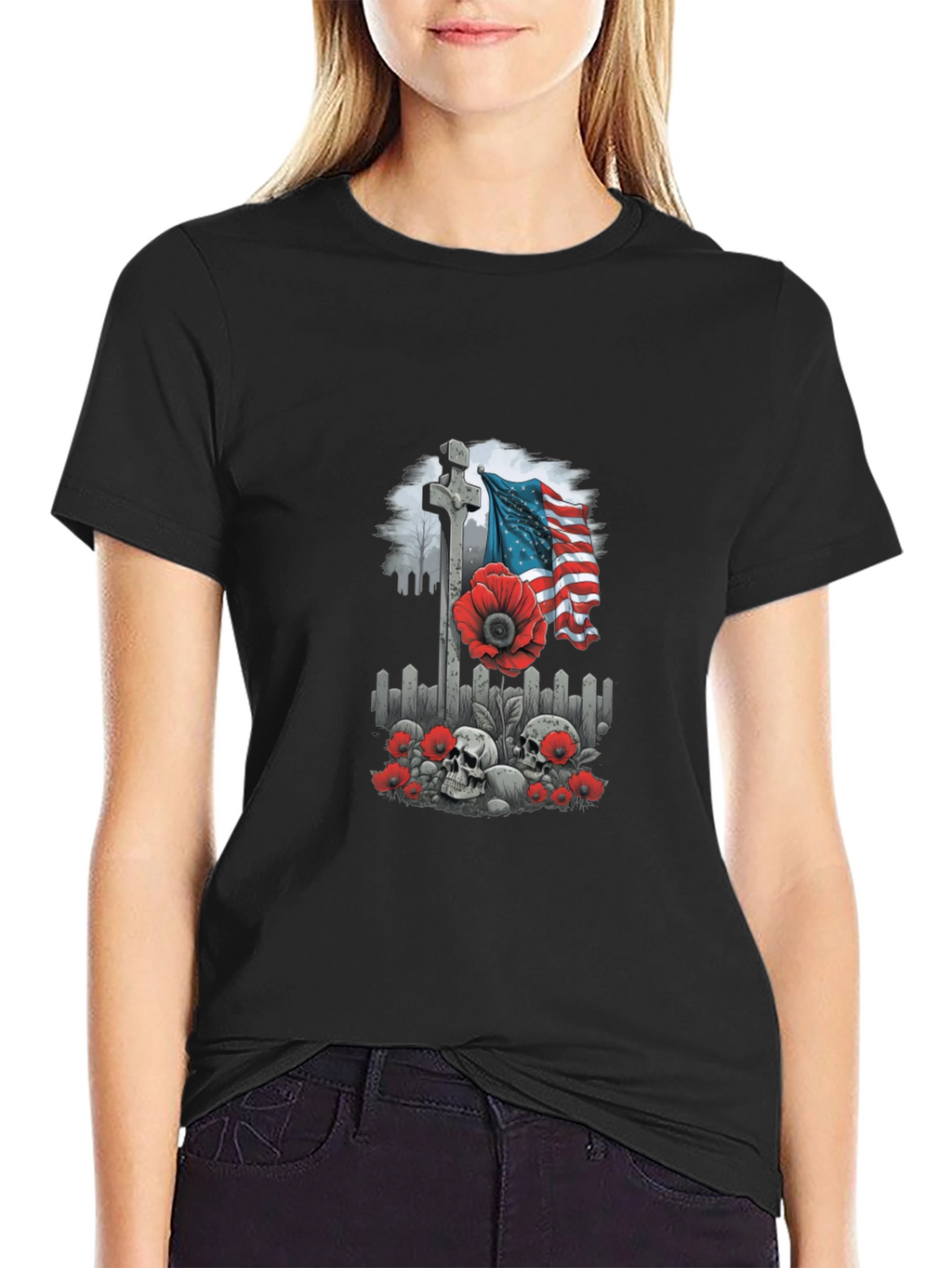 Memorial Day T-Shirt: Cross Flag Poppies & Skulls