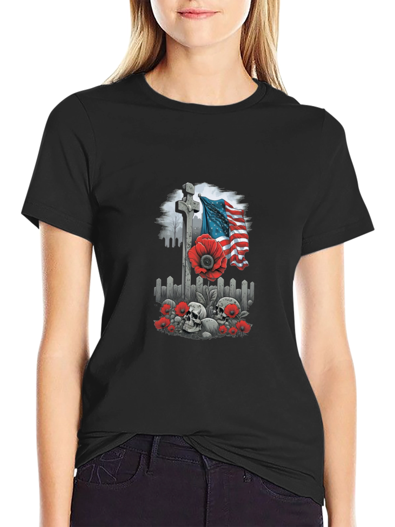 Memorial Day T-Shirt: Cross Flag Poppies & Skulls