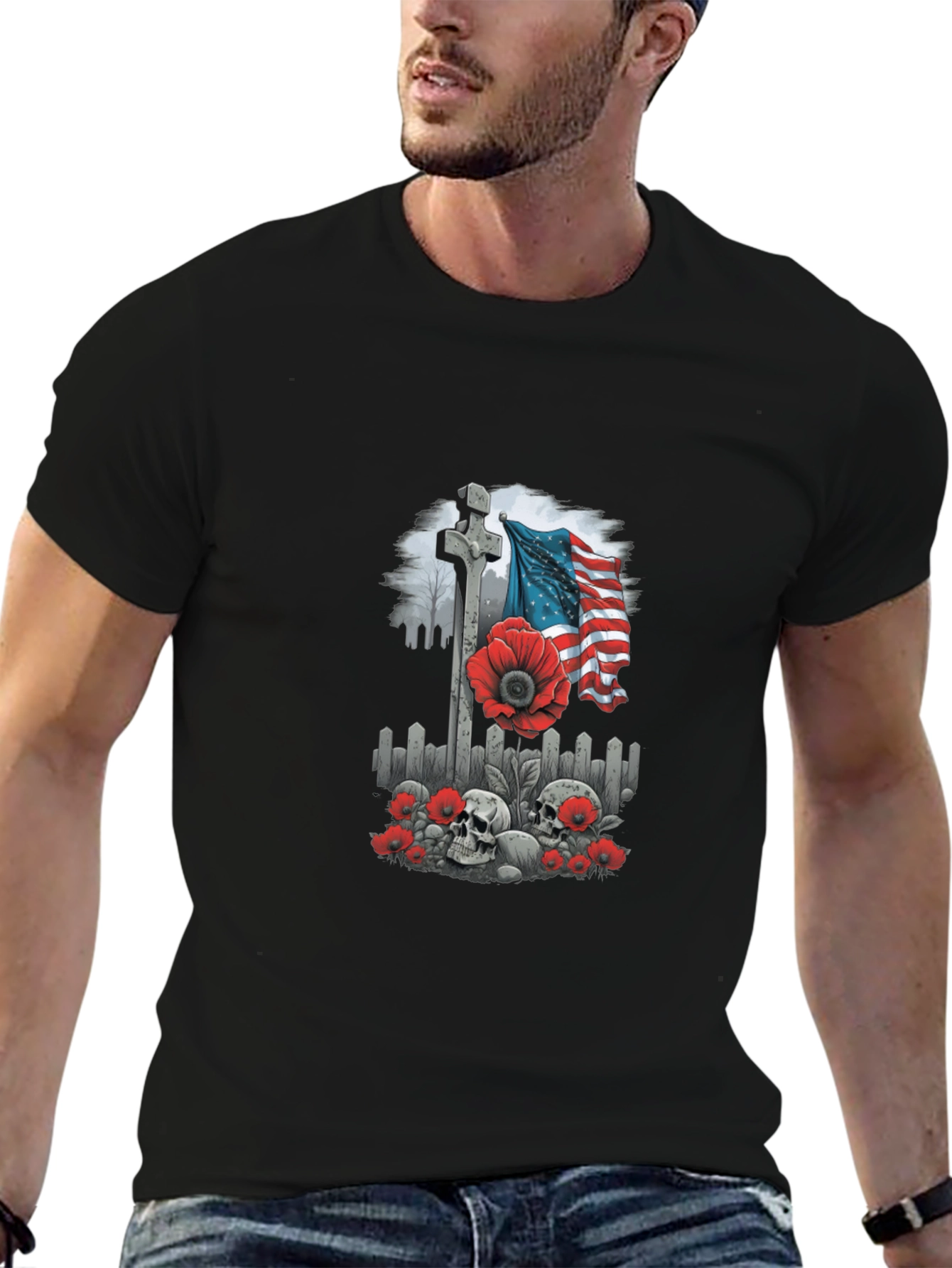 Memorial Day T-Shirt: Cross Flag Poppies & Skulls