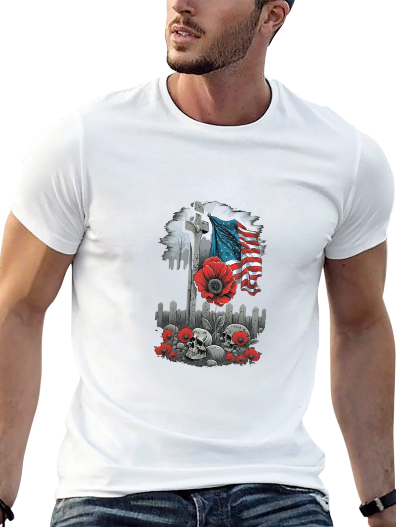 Memorial Day T-Shirt: Cross Flag Poppies & Skulls