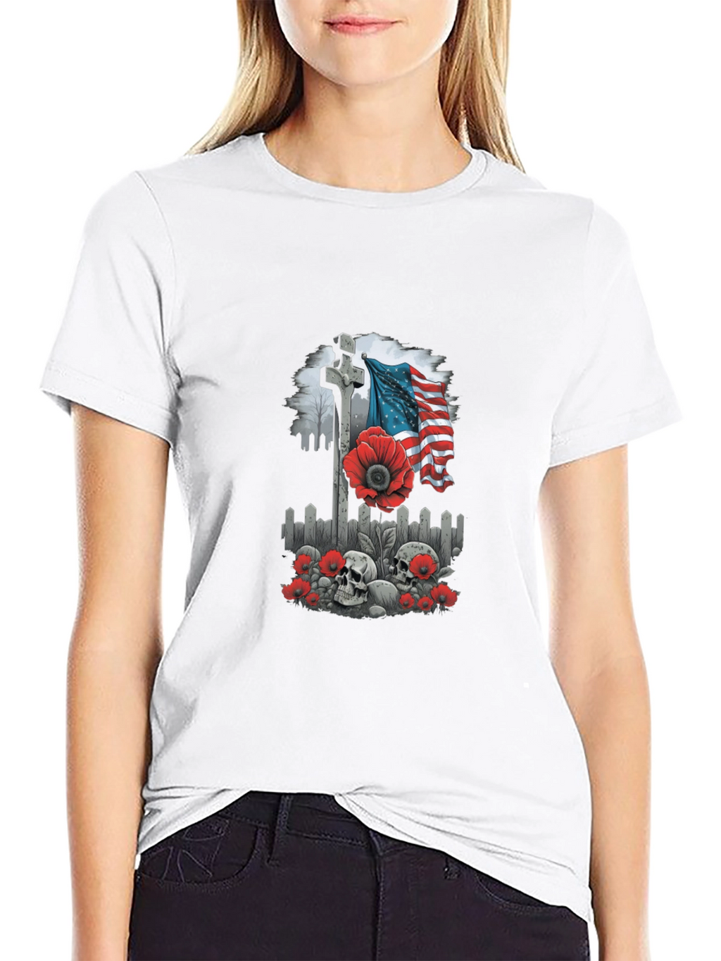 Memorial Day T-Shirt: Cross Flag Poppies & Skulls